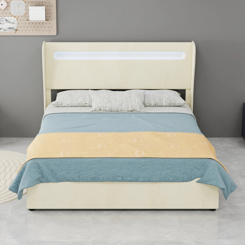 Letto contenitore matrimoniale 140 × 200 cm 2 posti con LED regolabile e base sollevabile, senza materasso, beige