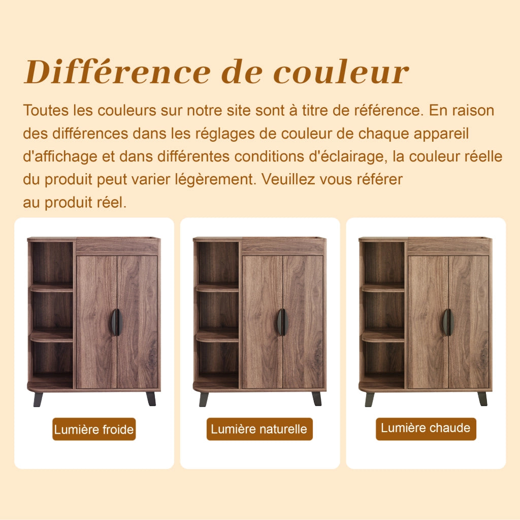 Mobile porta scarpe con 2 ante e vani aperti; ripiano superiore; per ingresso; in truciolare; noce; 80 × 32 × 99 cm