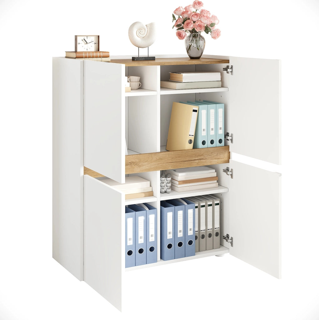 Armadio contenitore 90x40x110 cm con 4 ante; 8 scomparti e ripiani regolabili; rovere bianco