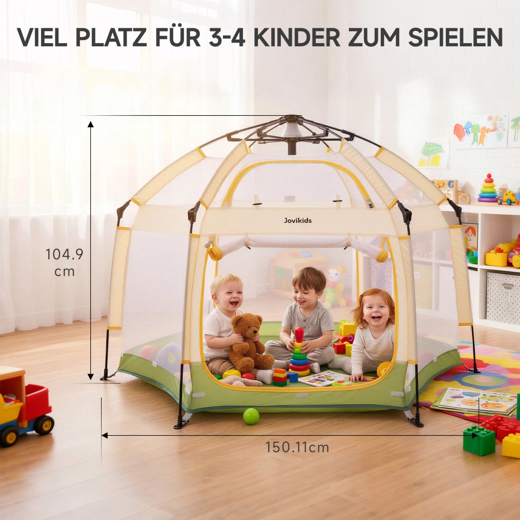 Recinto gioco pop-up ULEVR 150x150x105 cm con tettuccio removibile e pareti in rete, verde e giallo