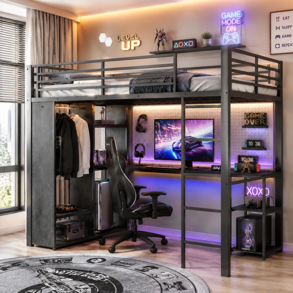 Letto a soppalco 90x200 cm nero con scrivania, LED e armadio aperto