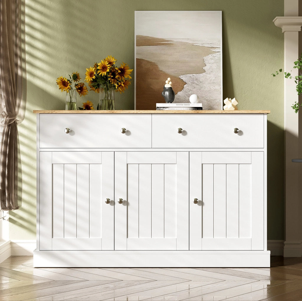 Credenza bianca e finitura legno con 3 ante e 2 cassetti