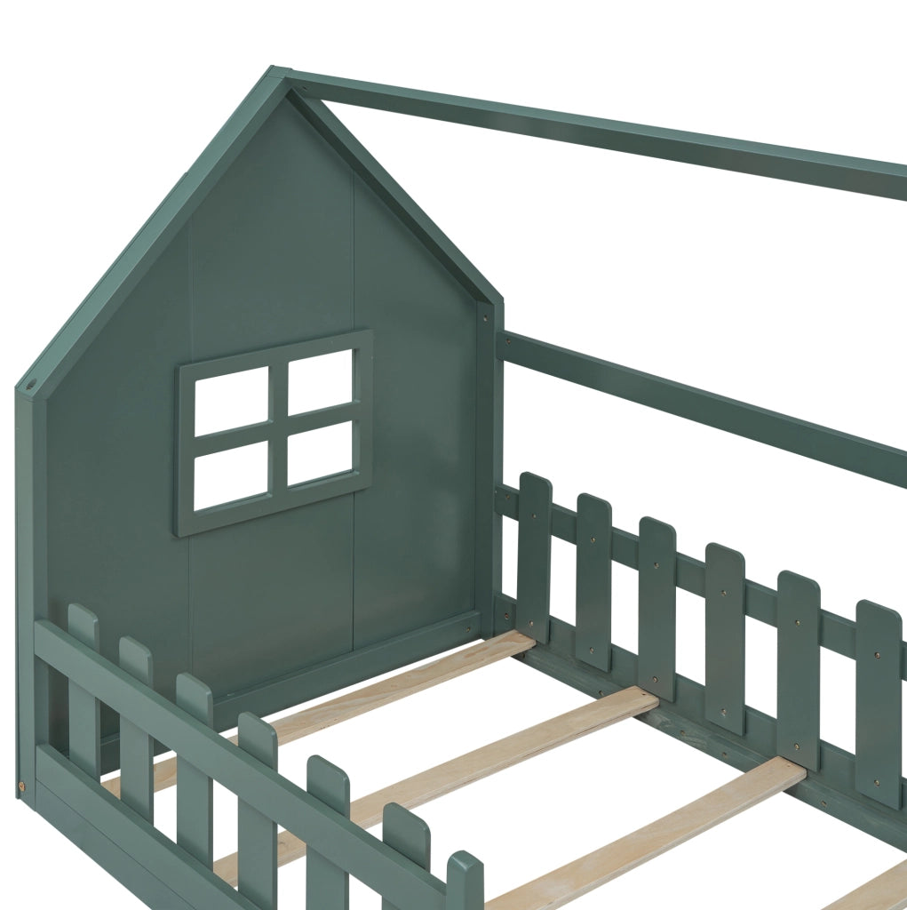Letto per bambini a forma di casetta 90x200 cm in legno di pino e MDF, colore verde