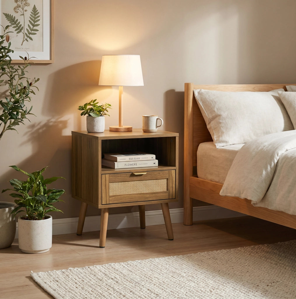 Comodino in rattan effetto noce stile boho con ripiano aperto e maniglie dorate 45x40x55 cm