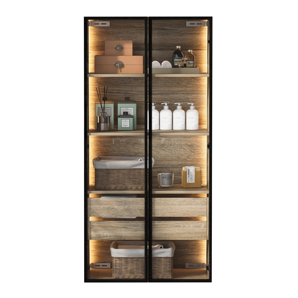 Armadio da bagno con LED a colori, 2 ante in vetro, 2 cassetti e ripiani aperti, per bagno e camera, in MDF naturale