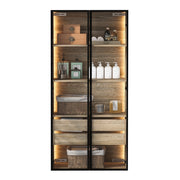 Armadio da bagno con LED a colori, 2 ante in vetro, 2 cassetti e ripiani aperti, per bagno e camera, in MDF naturale
