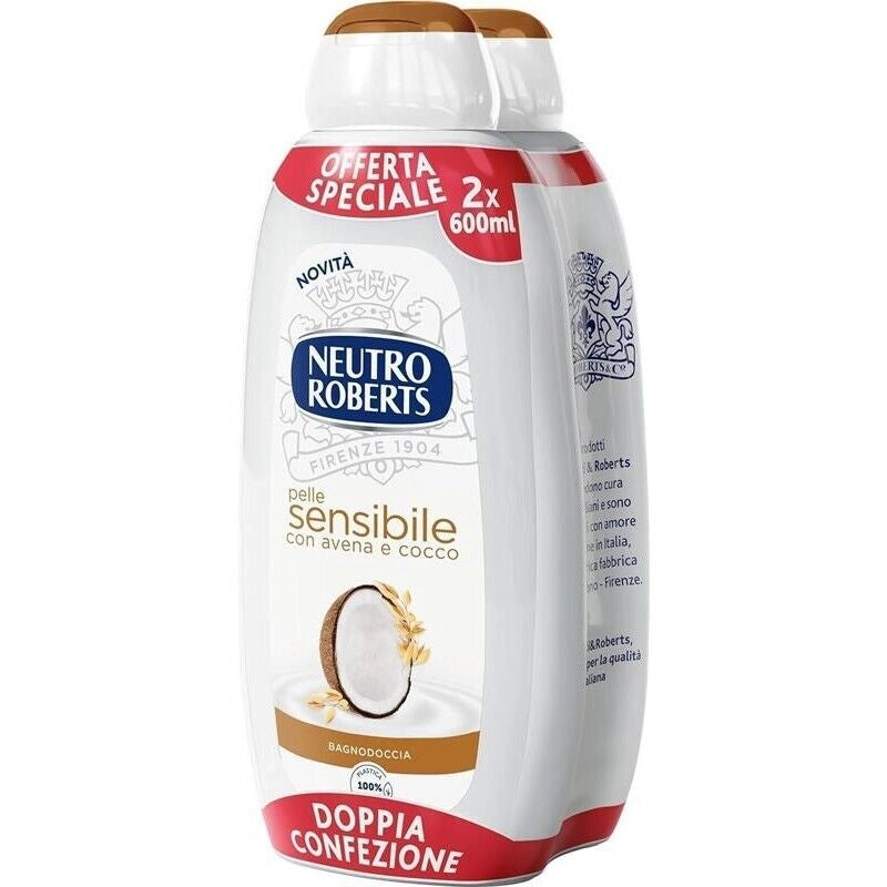 NEUTRO ROBERTS BAGNOSCHIUMA CORPO SENSIBILE CON AVENA E COCCO PELLI SENSIBILI SENZA SAPONE 2 FLACONI DA 600 ML N
