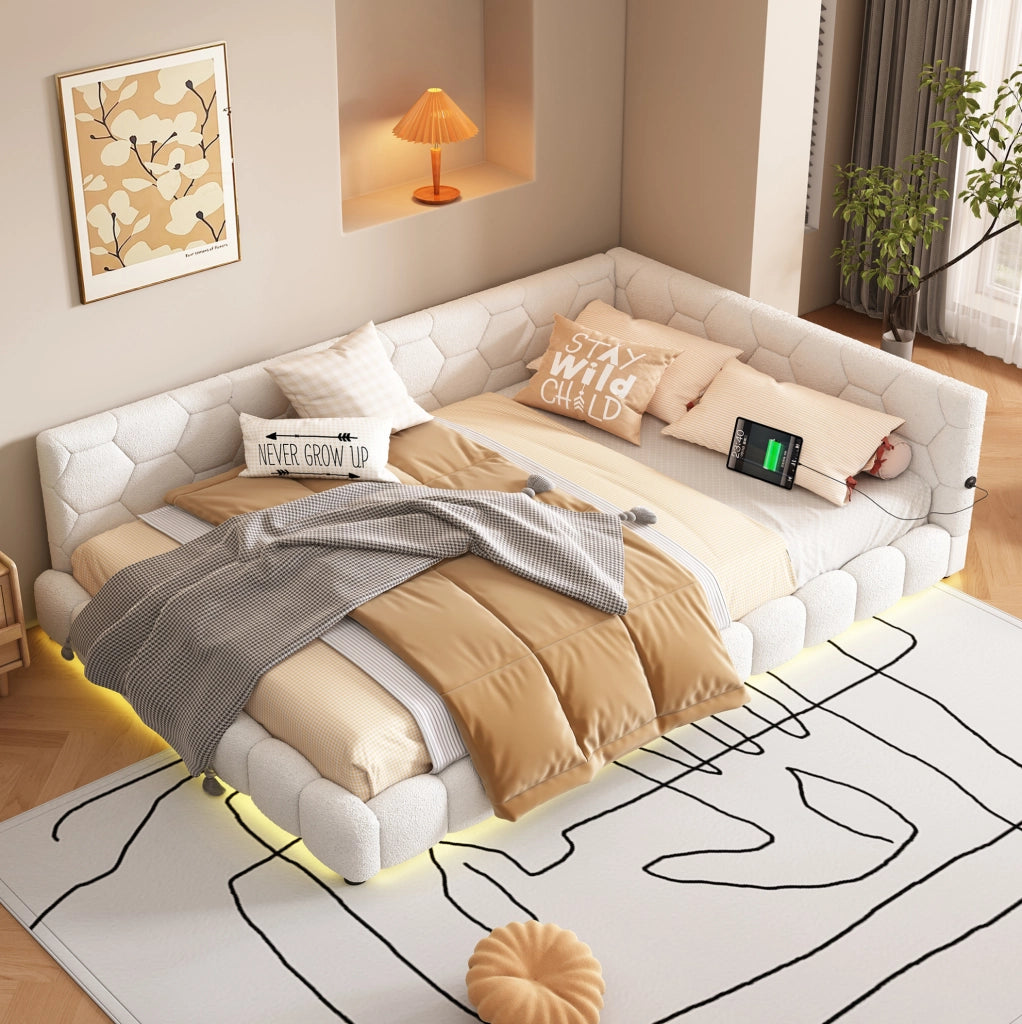 Divano letto 140x200 cm bianco con LED, USB e Type-C