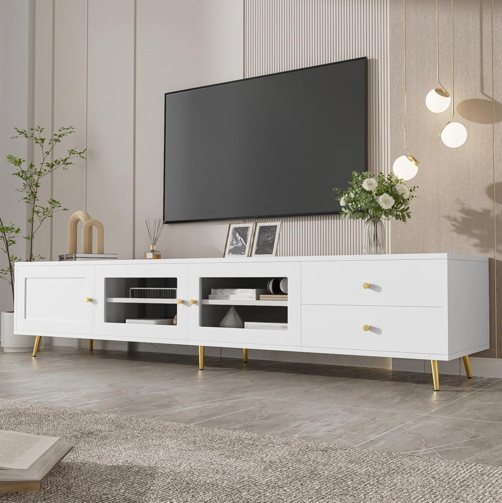 Mobile TV 170x40x43 cm bianco con 2 cassetti; 2 ante in vetro e anta HOMVRA