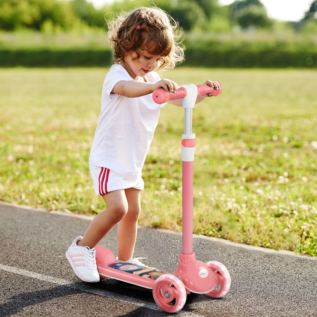 Monopattino per Bambini 3 Ruote con Luci LED Manubrio Regolabile e Freno Posteriore da 2 a 6 Anni Rosa
