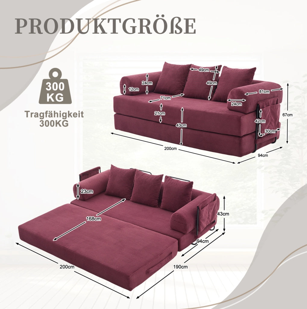 DIVANO Modulare 200x94x67 cm in Velluto a Coste Rosso Vino