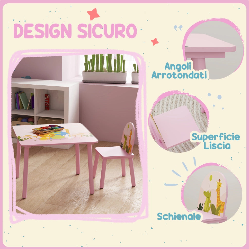 Set 3 Pezzi Tavolo e Sedie per Bambini 3-8 Anni in MDF e Legno di Pino Rosa con Motivi Animali Bordi Arrotondati Robusto Facile da Montare