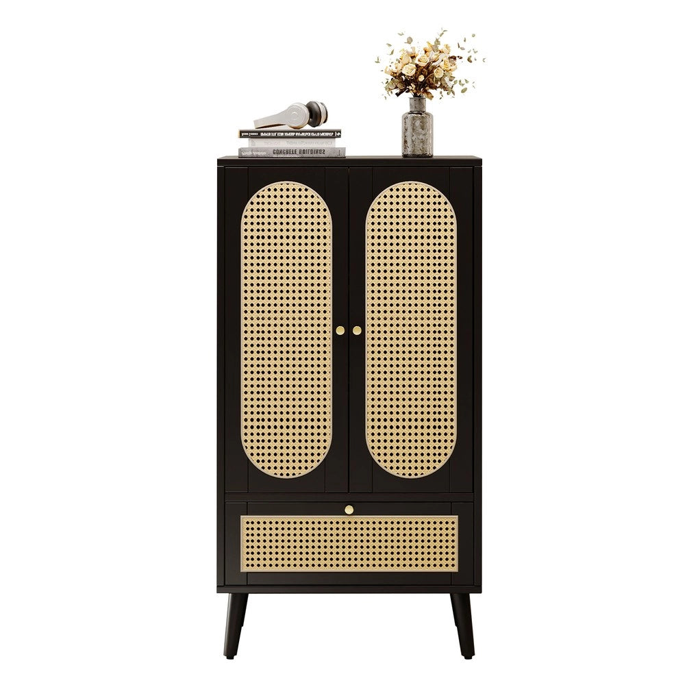 Consolle salvaspazio ¨C Minimal ¨C nero design rattan 110x40x120 cm 2 ante 1 cassetto