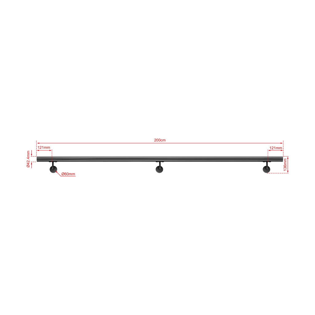 Corrimano a parete in acciaio kit inox AISI 304 nero , Lunghezza 200 cm, Ø 42,4 mm, uso interno ed esterno