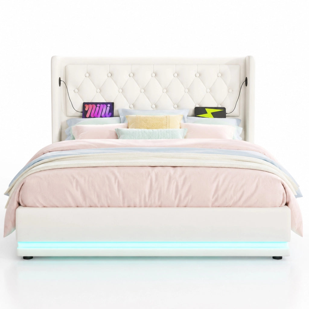 Letto matrimoniale 140x200 cm in PU bianco con contenitore idraulico, LED su 3 lati e USB-C
