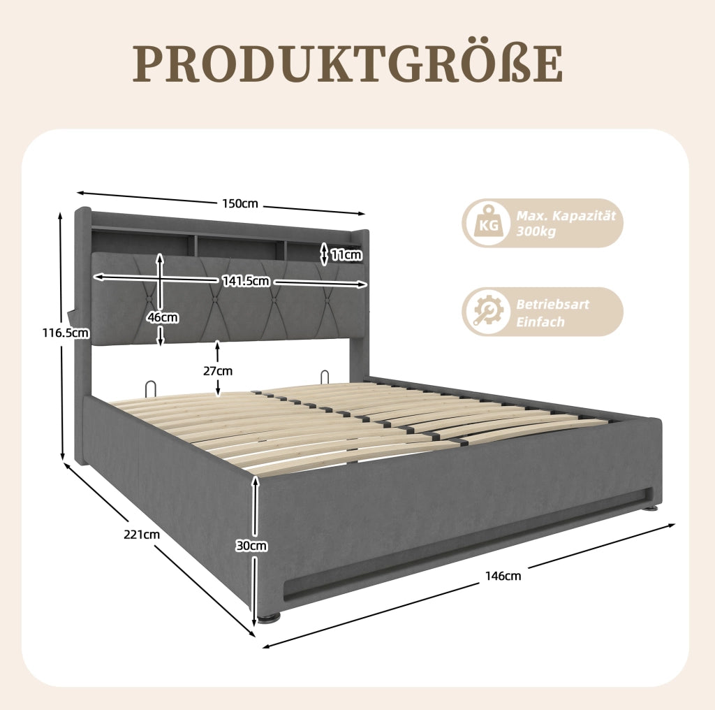 Letto imbottito 140x200 cm con LED, USB-C e vano contenitore