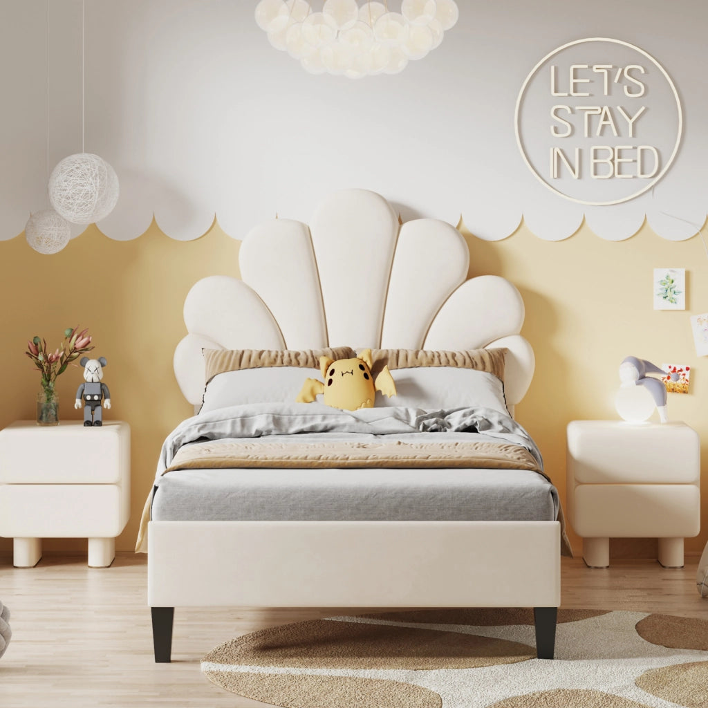 Letto Singolo per Bambini 90x200cm;Letto imbottito con Testiera Regolabile a Forma di Petalo;per Bambini; Adolescenti;Velluto Beige; senza Materasso