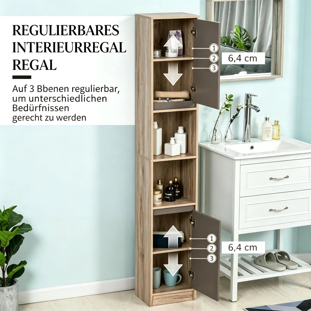 Colonna da bagno con 2 armadietti; 2 vani aperti e ripiani regolabili in MDF grigio effetto rovere 30 × 24 × 170 cm