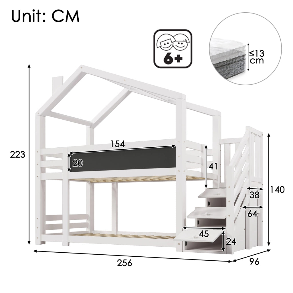 Letto per bambini 90 x 200 cm; letto a castello con camino; contenitore; protezione anticaduta; bianco; pannello e 2 reti a doghe inclusi; bianco