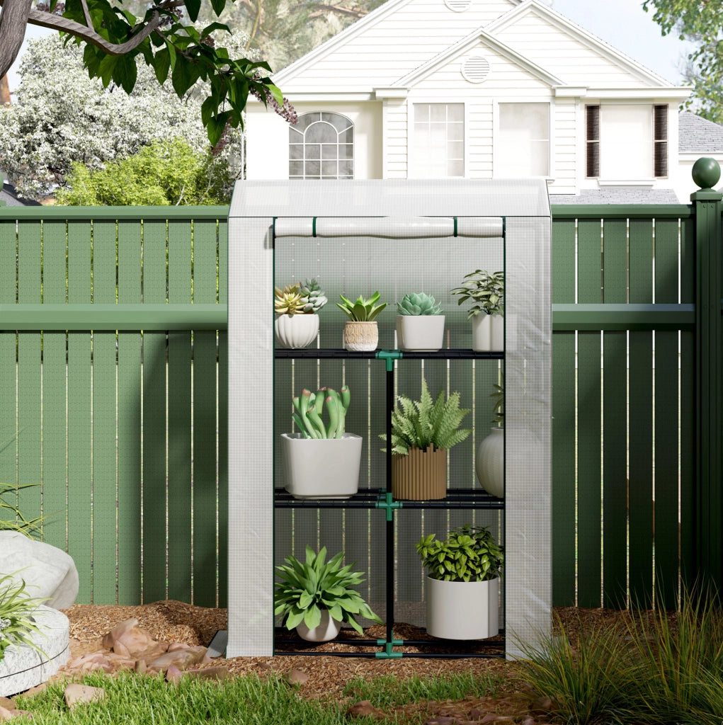 Serra da Giardino in Acciaio con Ripiani a 3 Livelli e Porta Avvolgibile, Copertura in Plastica UV Resistente 100x40x150 cm, Bianco