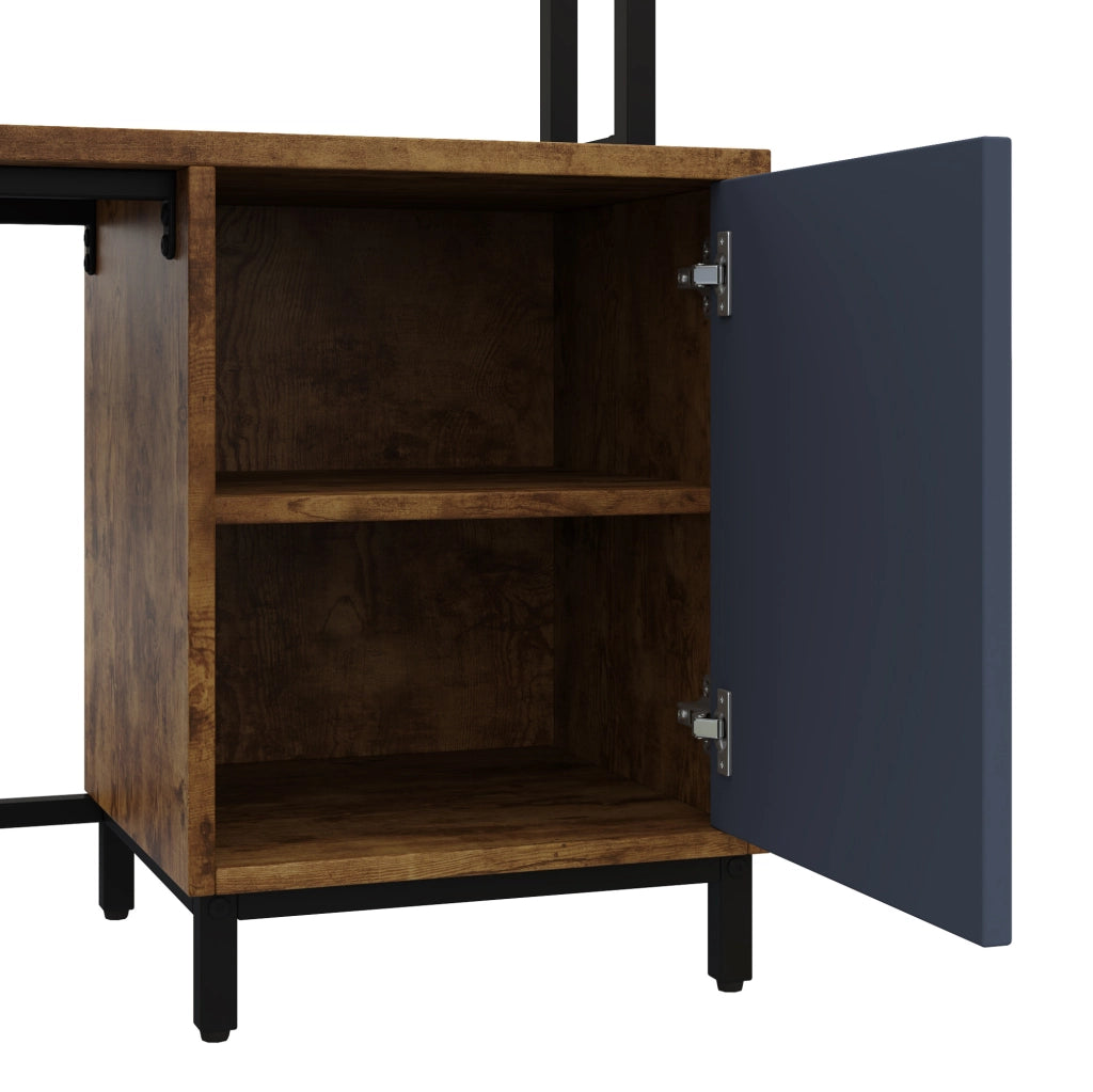 Scrivania angolare industriale 140x140x135 cm in MDF e metallo, colore nero e legno, con cassetti e anta soft-close