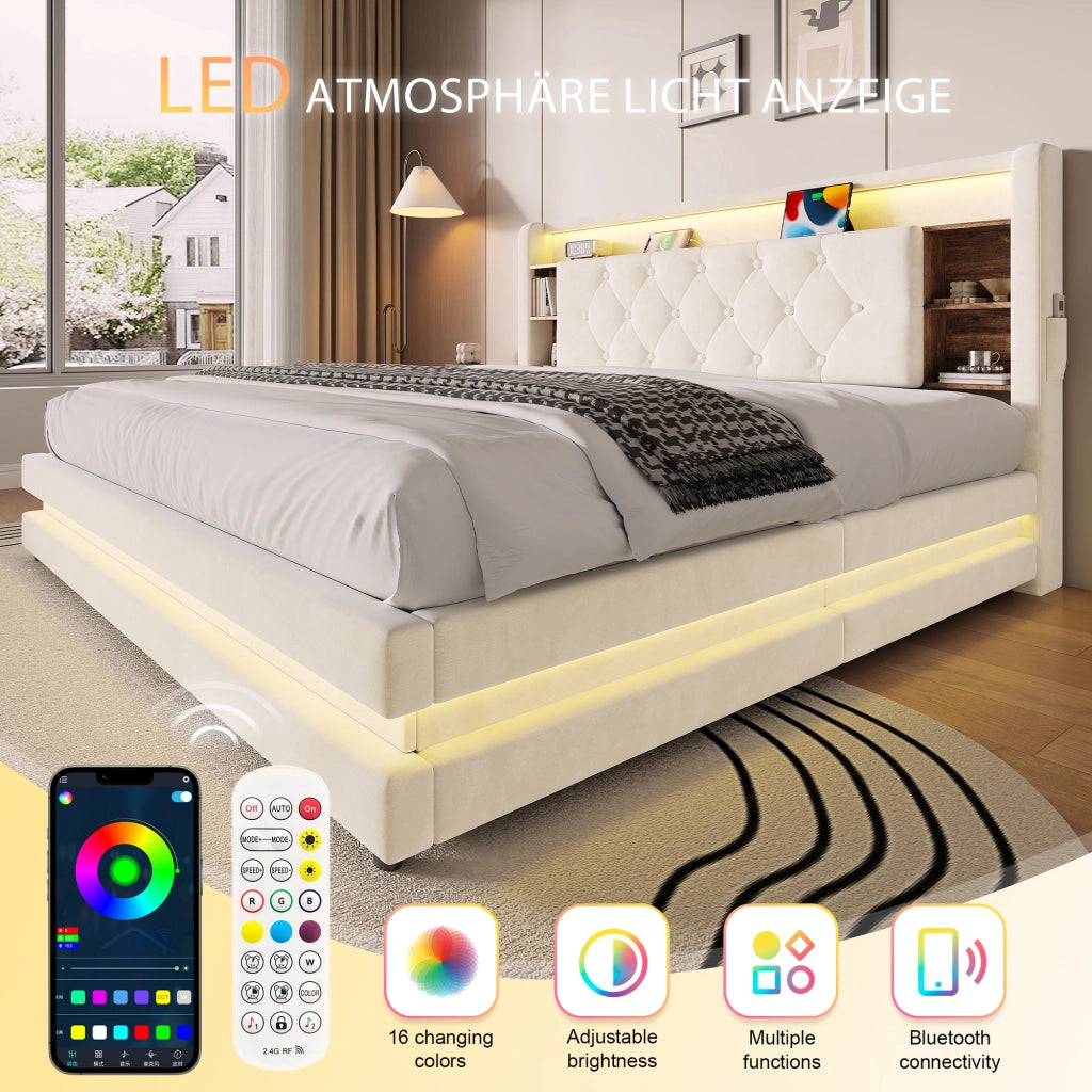 Letto imbottito 160x200 cm con vano contenitore; LED; USB e Type-C; testiera con ripiani; velluto beige