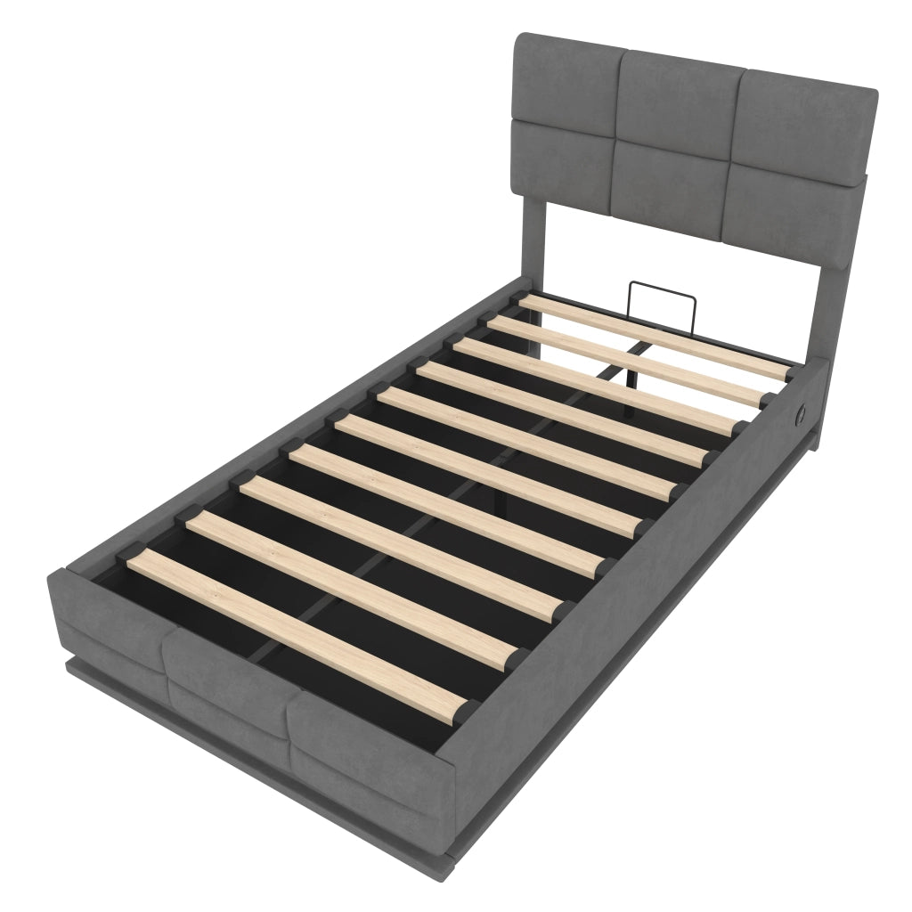 Letto contenitore singolo 90x200 cm in velluto grigio scuro con testiera regolabile; LED; USB e USB-C