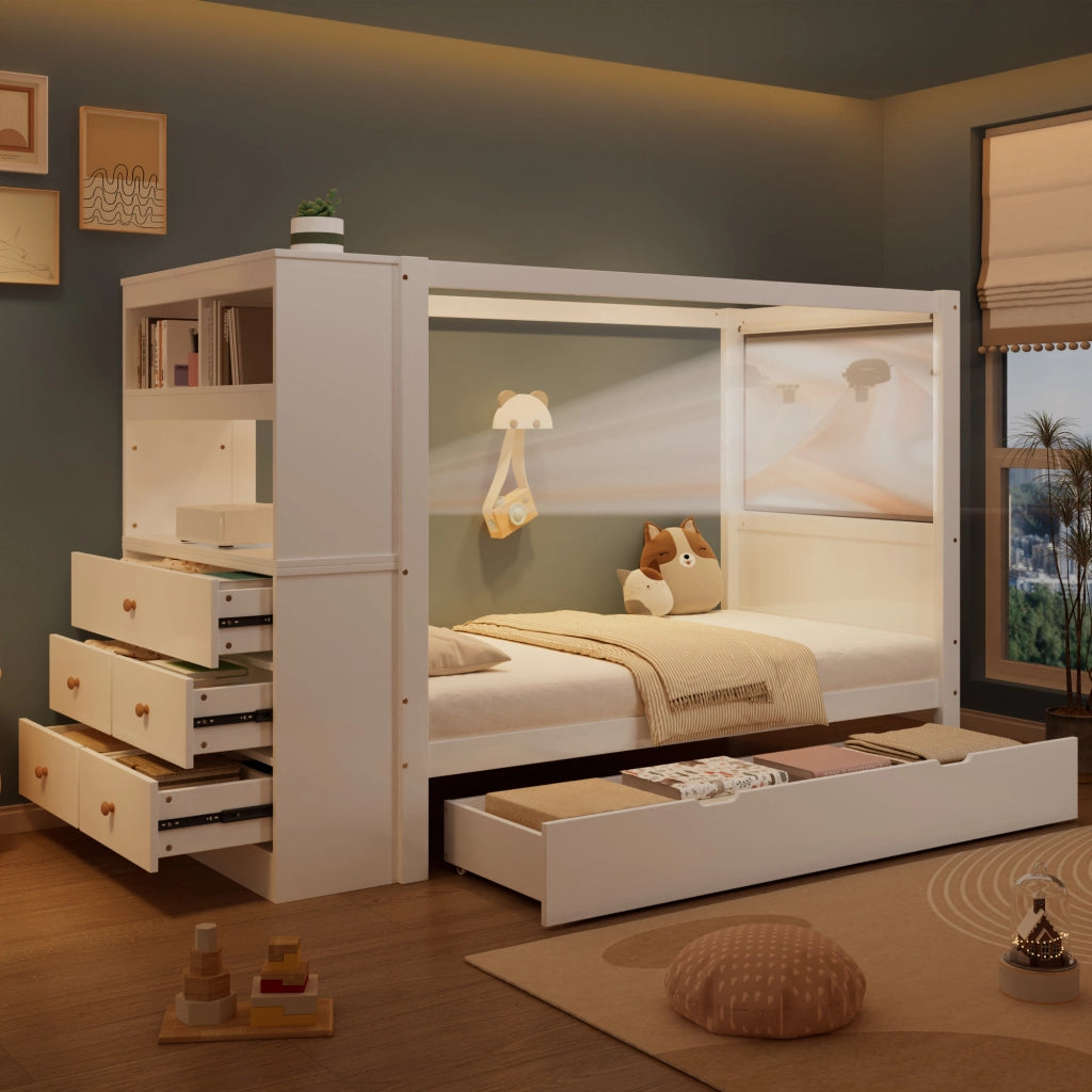 Letto singolo 90 × 200 cm con 5 cassetti e cassetto estraibile in legno bianco con sponde e barra superiore