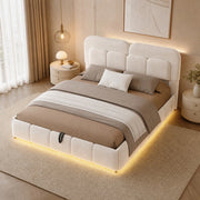 Letto imbottito con contenitore idraulico e LED, beige