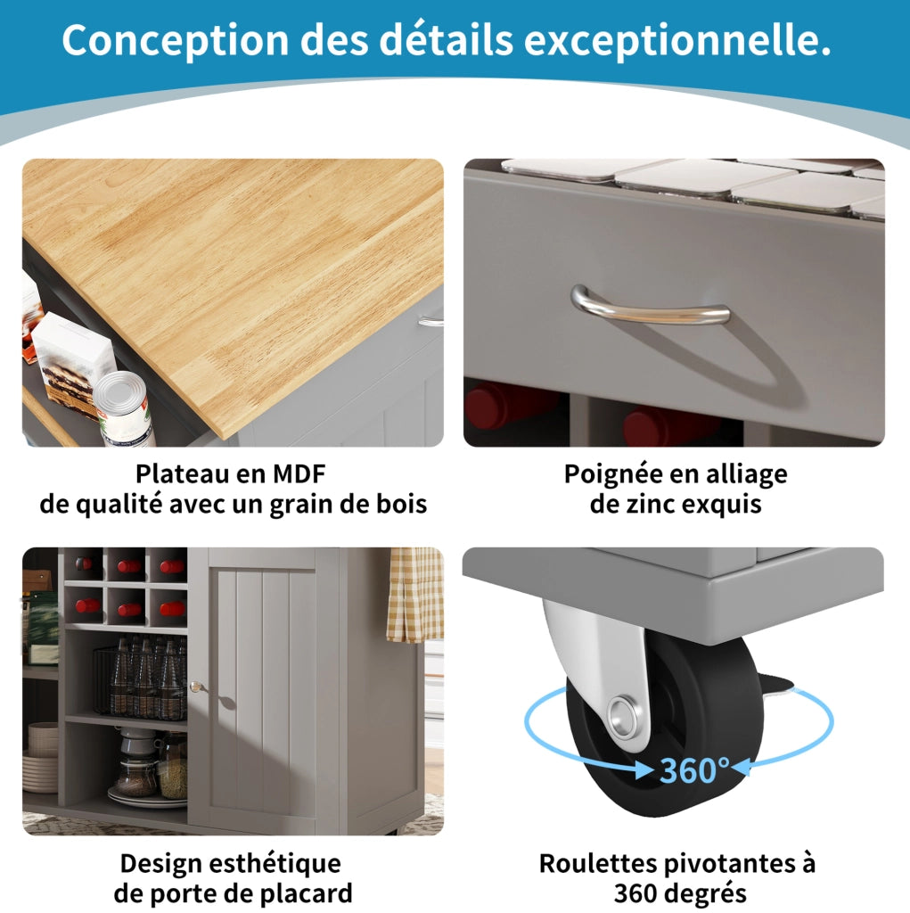 Isola da cucina con ruote e portabottiglie 102x45x92 cm in MDF e metallo grigio