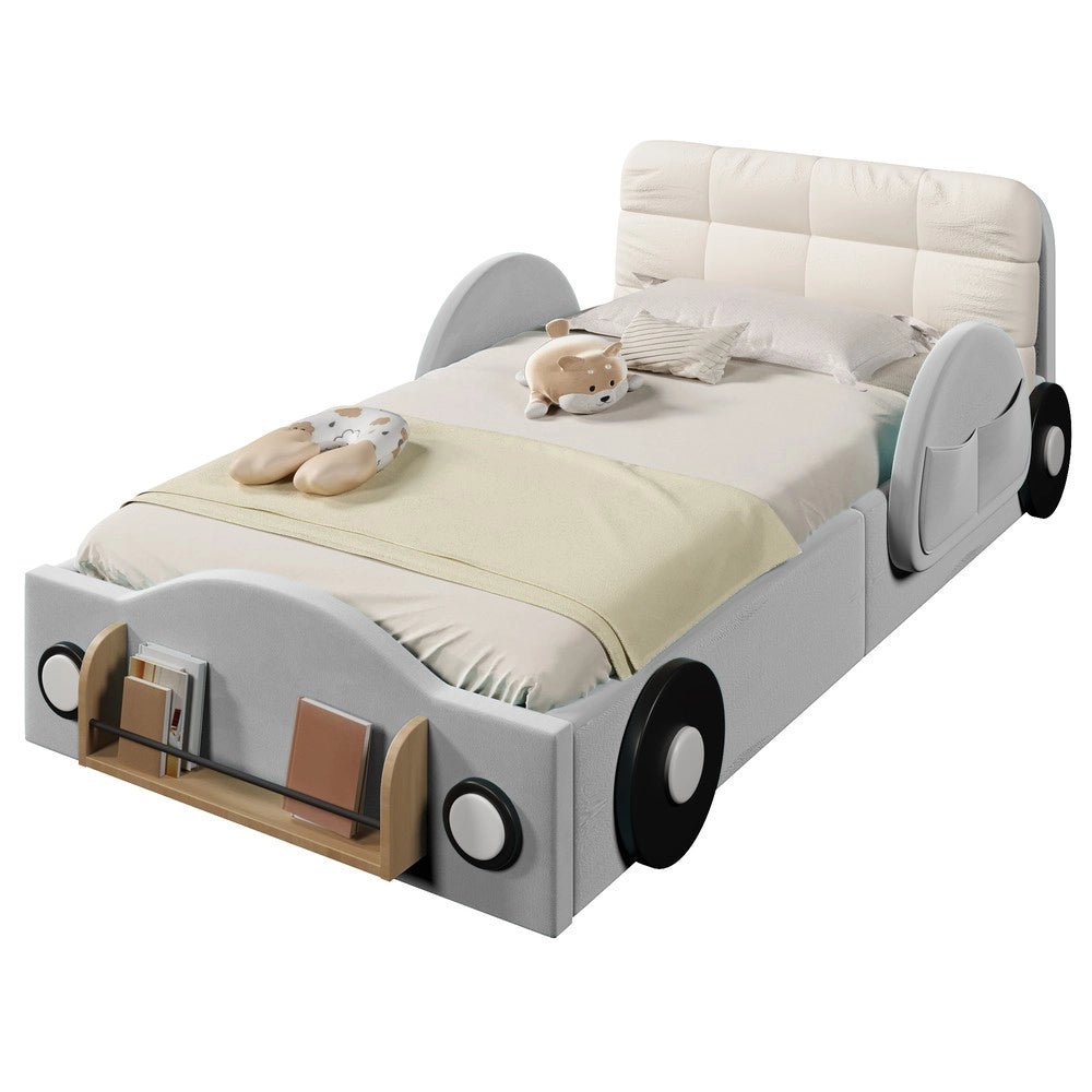 Letto imbottito contenitore 90x200 ¨C Minimal ¨C Velluto grigio idraulico con tasche laterali e vano libri