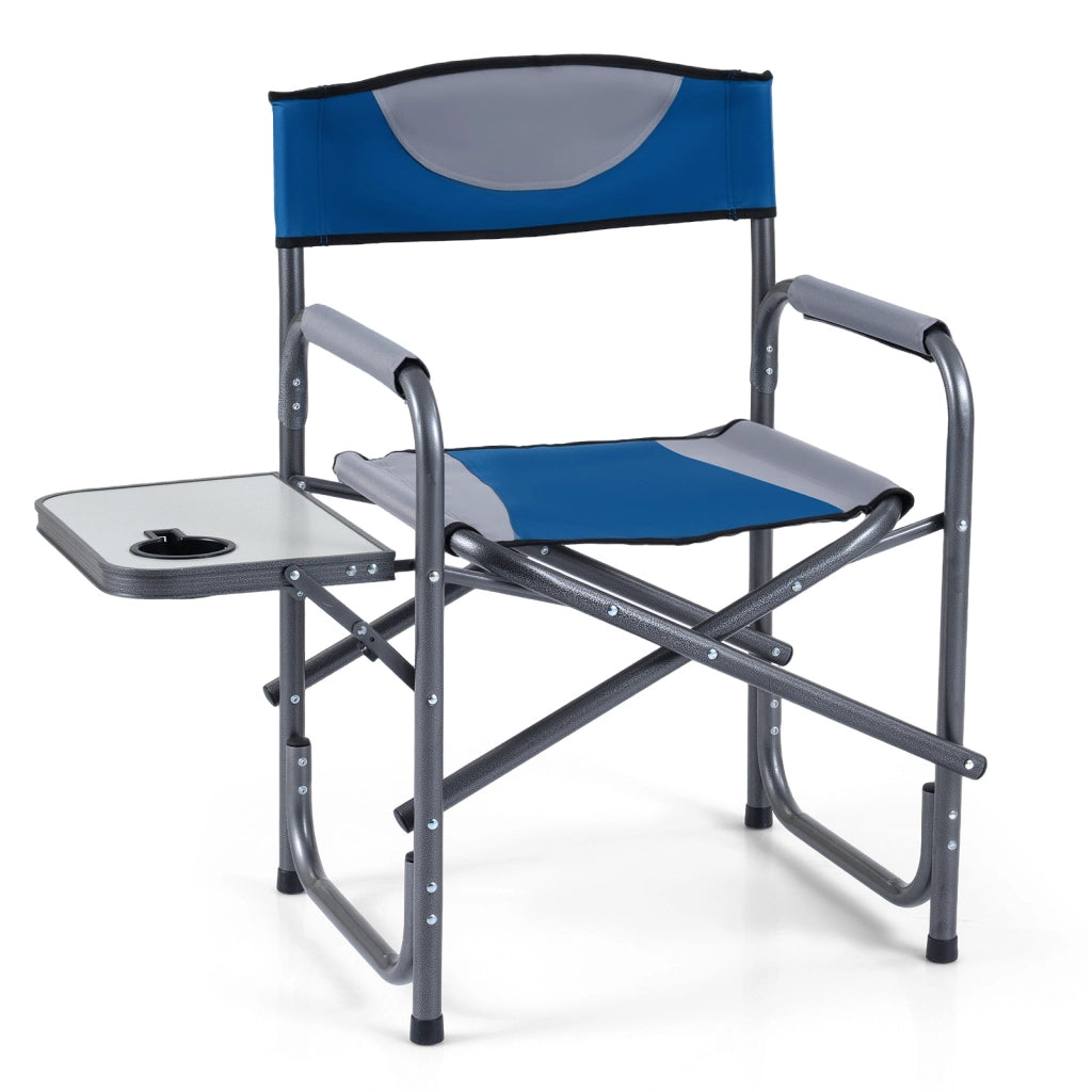 Sedia da regista imbottita con tavolino e telaio metallico, Sedia da campeggio pieghevole portata 180 kg Blu