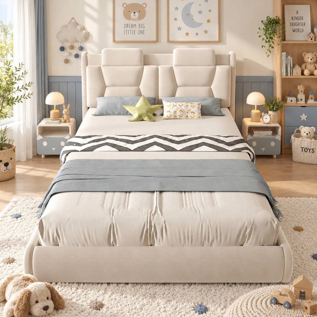 Letto Imbottito per Bambini a Forma di Auto 140 x 200 cm Beige in Flanella - Senza Materasso