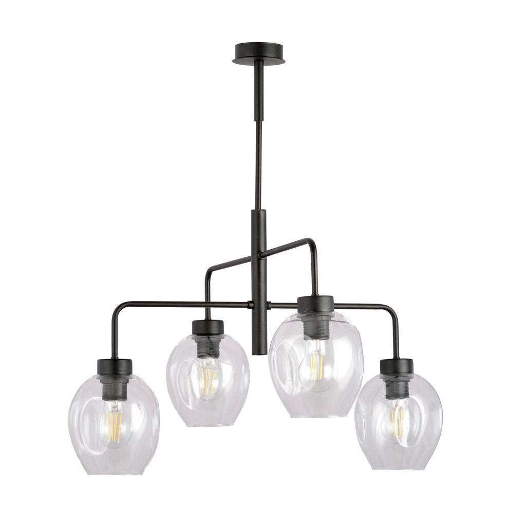 Lampadario Moderno 4 Luci Eritonio In Accaio Nero E Vetro Trasparente
