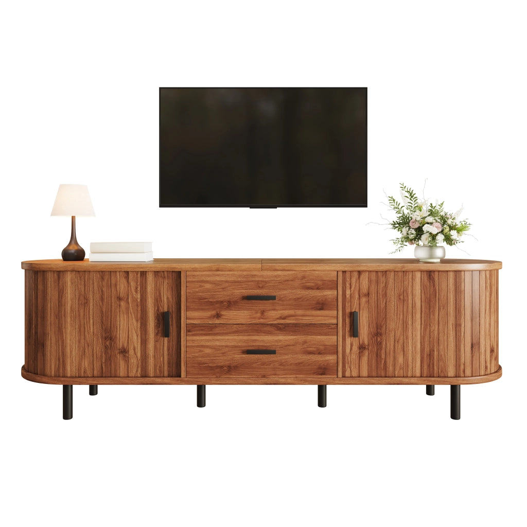 Mobile TV 150x40x55 cm con ante scorrevoli; 2 cassetti e ripiani; struttura MDF e pannello truciolare noce