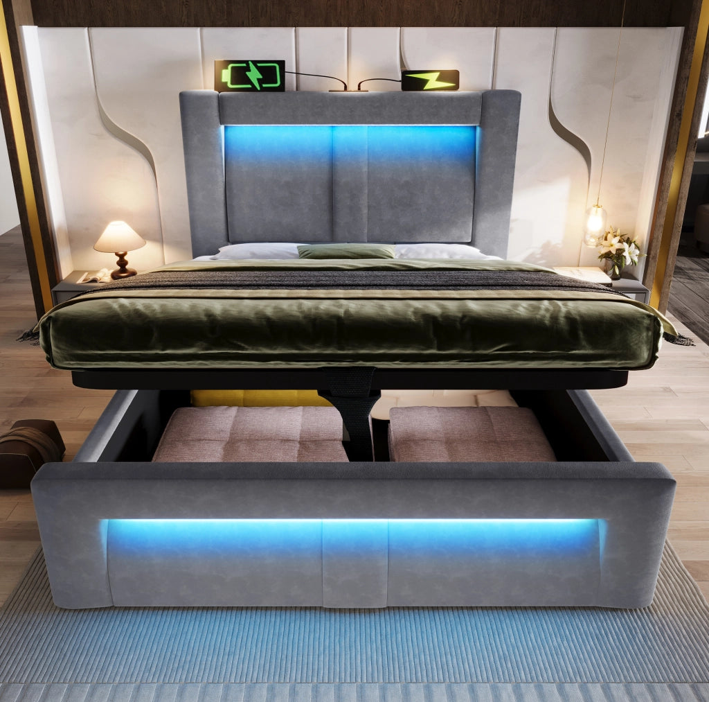 Letto singolo 90x200 cm in velluto grigio con contenitore, illuminazione LED smart e stazioni di ricarica USB e Type-C, senza materasso