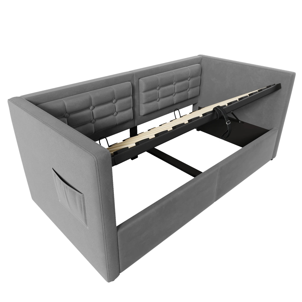 Divano letto imbottito 90x190 cm in velluto grigio con contenitore; USB e Type-C