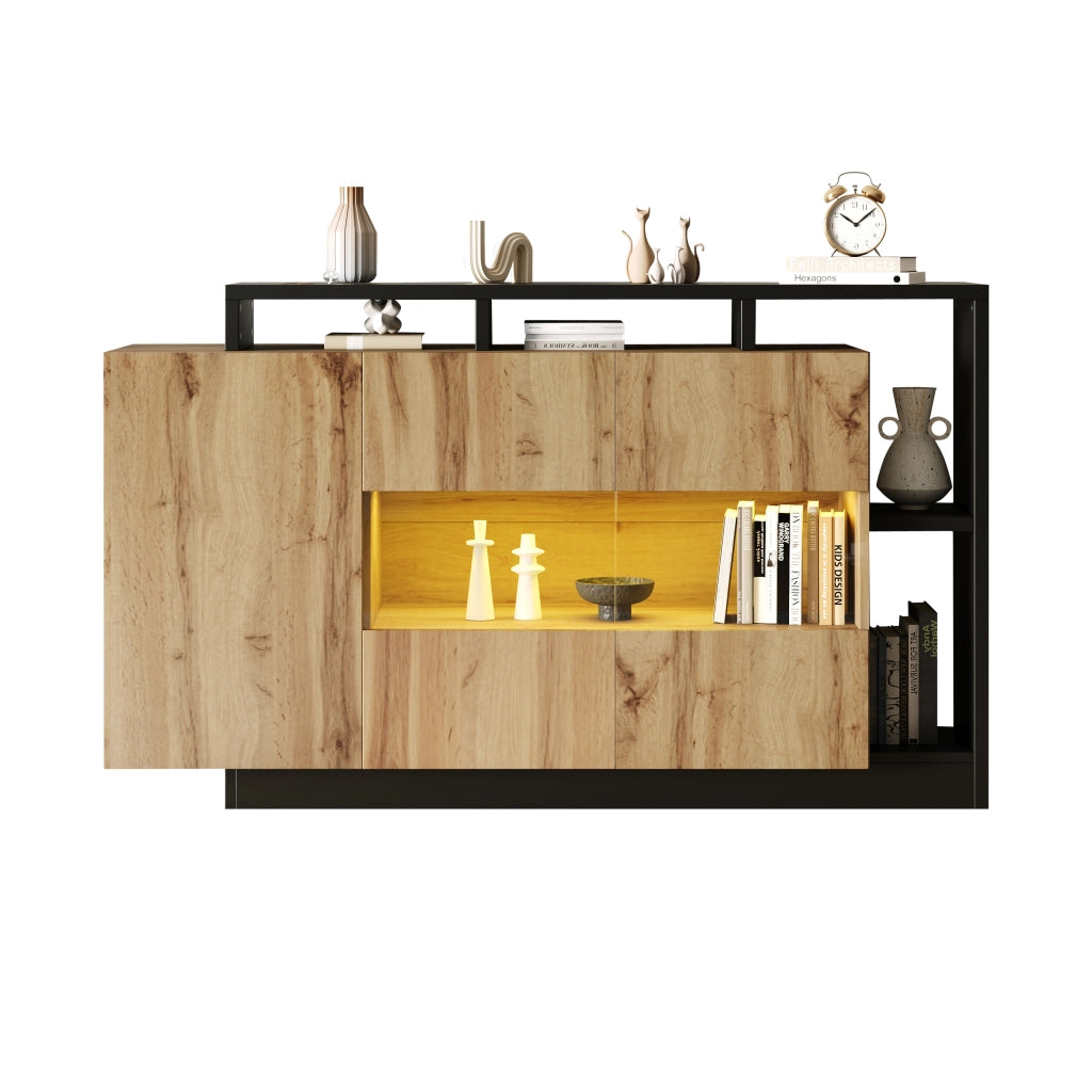 Credenza LED 140x44x94 cm in MDF effetto legno con controllo Bluetooth; ante in acrilico e vani