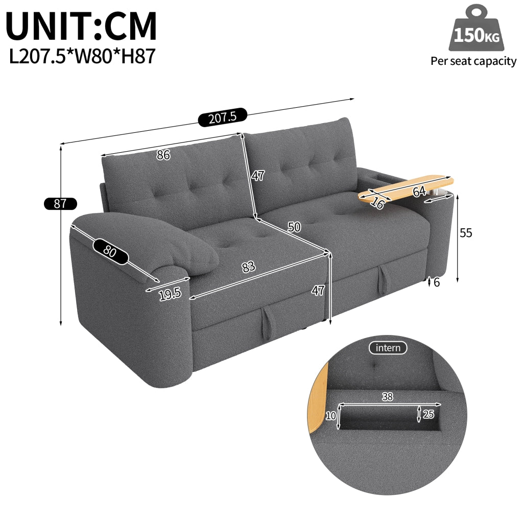 Divano modulare 2-3 posti con contenitore; poggiatesta e tavolino laterale; 207;5 cm; grigio