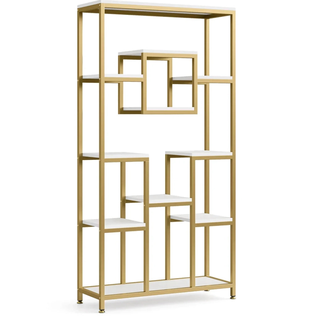 Libreria a Giorno Dorata con Design Geometrico a Cubo, 11 Ripiani, Mobile Espositivo per Libri e Piante