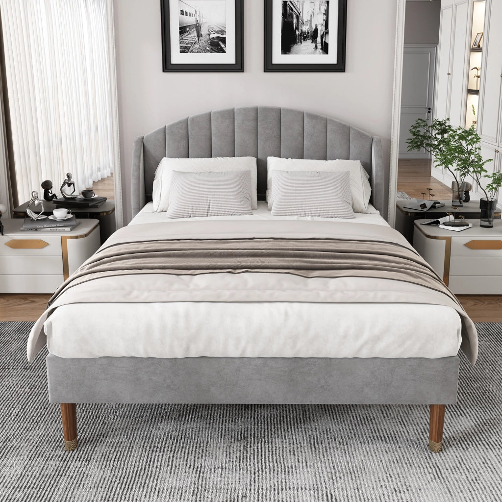Letto imbottito 140 × 200 cm con rete a doghe in legno e testiera imbottita rivestito in velluto grigio