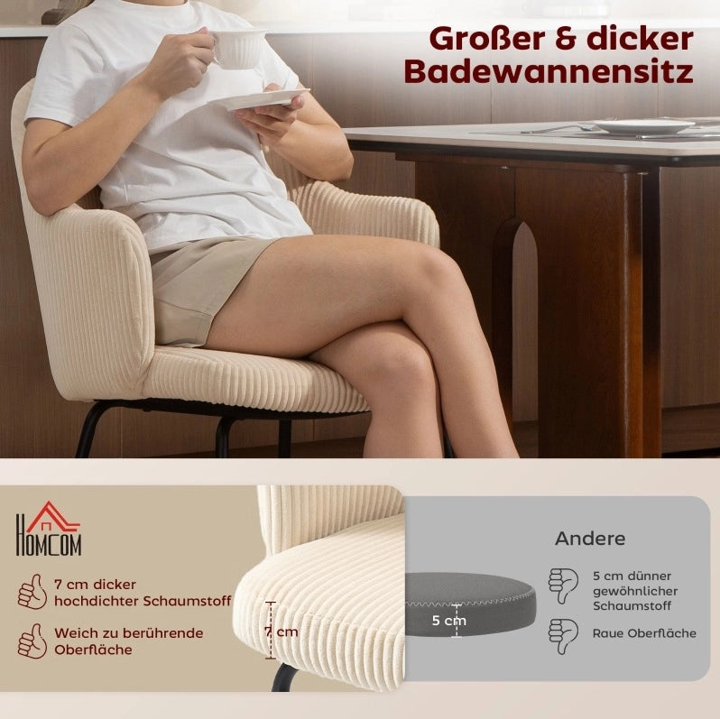 Sedia da pranzo beige in velluto a coste con braccioli