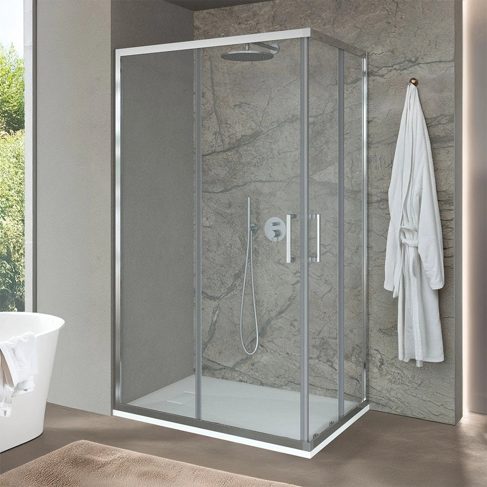 Box doccia angolare 150x150 con doppia porta scorrevole in vetro trasparente Ted