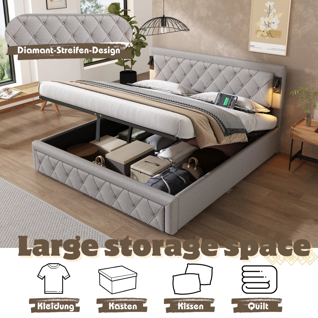 Letto contenitore idraulico imbottito in lino grigio con testiera trapuntata LED e porte USB