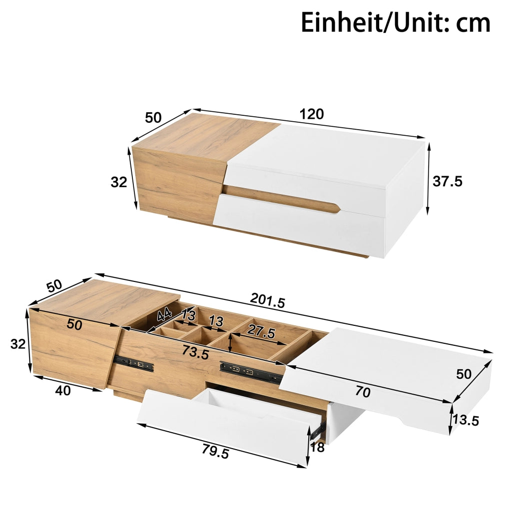 Tavolino da caffè con struttura scorrevole 120x50x37;5 cm; in MDF bianco e naturale