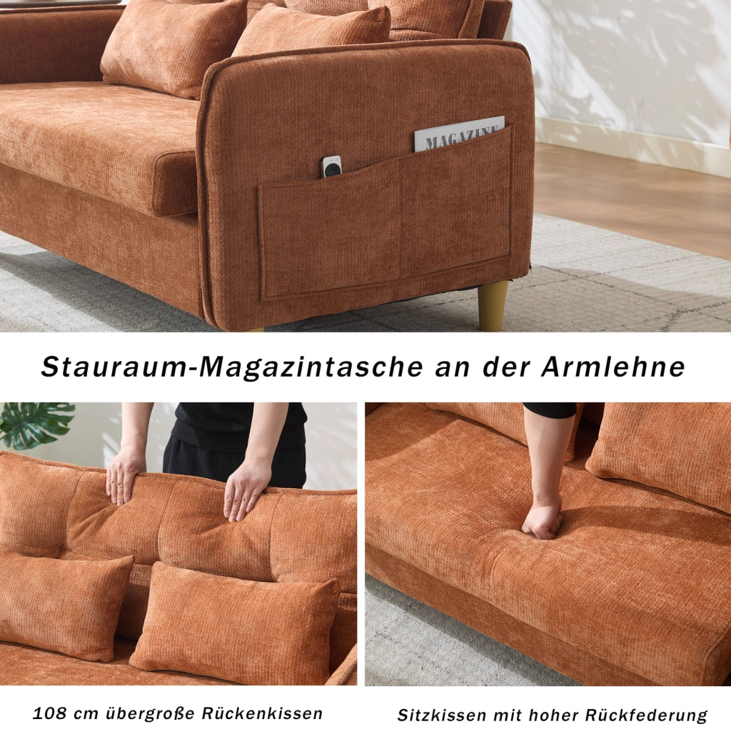 Divano a 2 posti in tessuto Chenille marrone, 127 cm, con braccioli, tasche laterali e cuscini inclusi