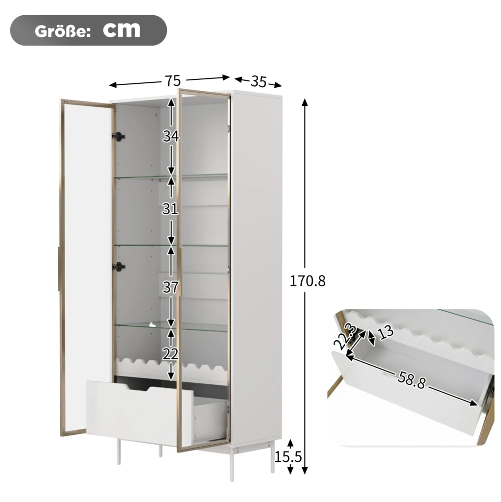 Armadio alto con anta in vetro, ripiani in vetro regolabili in altezza e cassetto, piedi in metallo, decorazione a onde, per soggiorno, camera da letto e ingresso