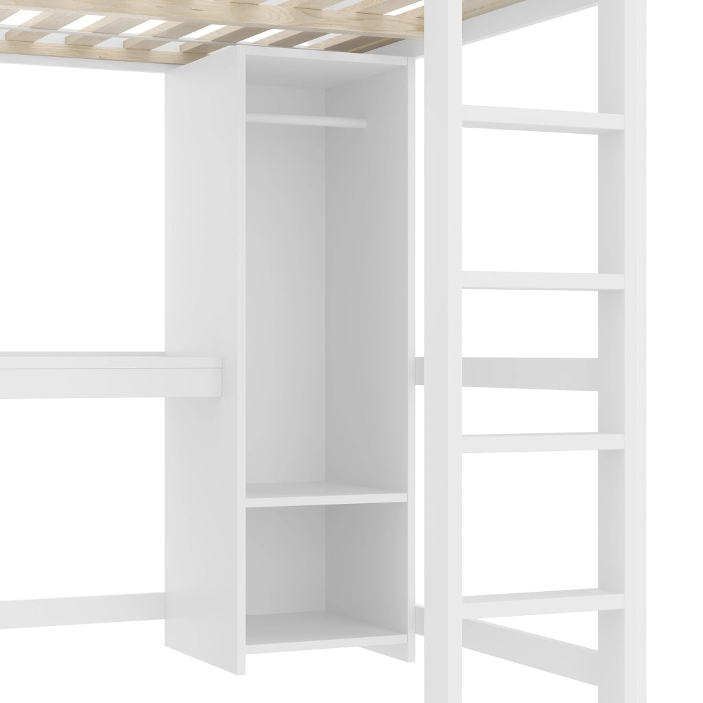 Letto a soppalco per bambini 140x200 cm con scrivania; armadio; mensole e vani portaoggetti; salvaspazio; bianco