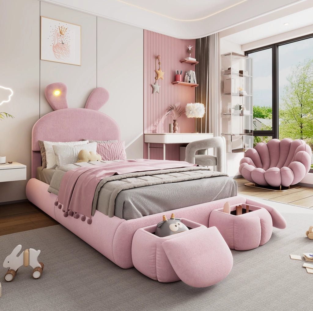 Letto imbottito singolo rosa con orecchie di coniglio e luci LED