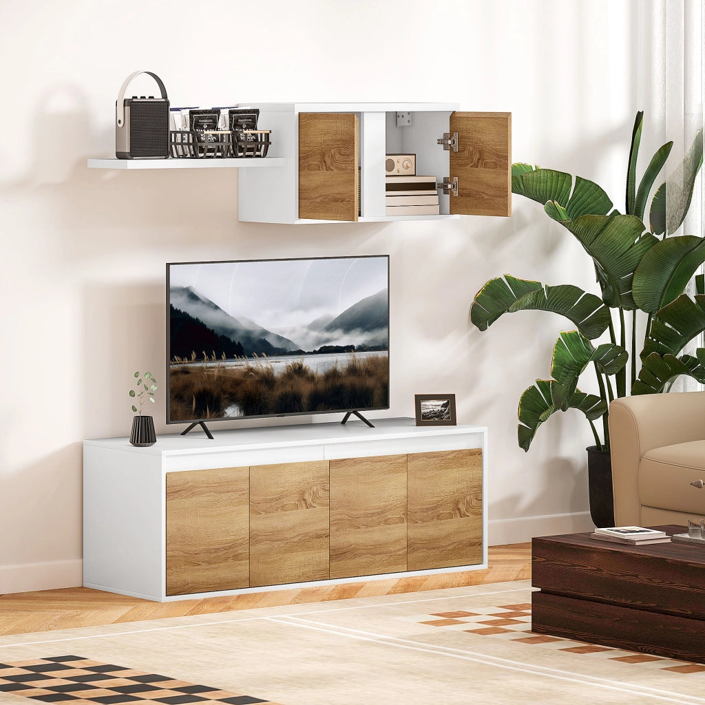 Set Mobile TV e Armadietto a Muro con 7 Ripiani e Scaffale Aperto, in Legno, 120x41x43.3 cm, Bianco e color Legno